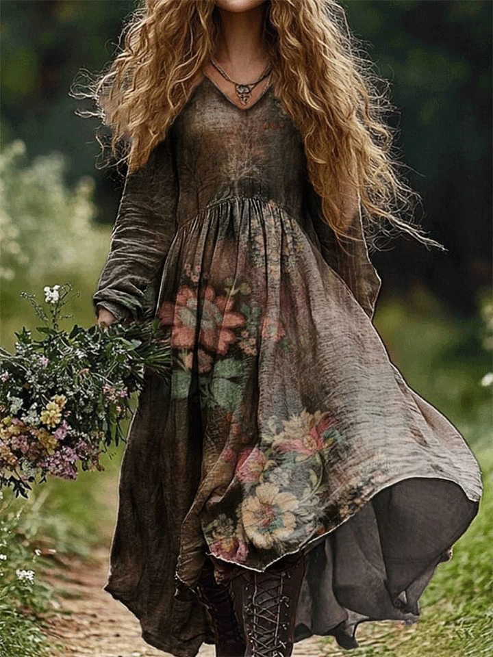 Women's Vintage Flowers Print V Neck Pocket Cotton Dress
