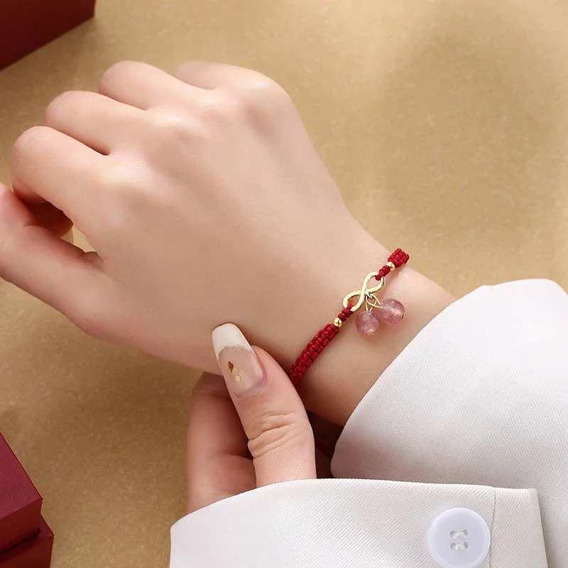 Strawberry Quartz Crystal Endless Knot Love Healing Red String Weave Bracelet