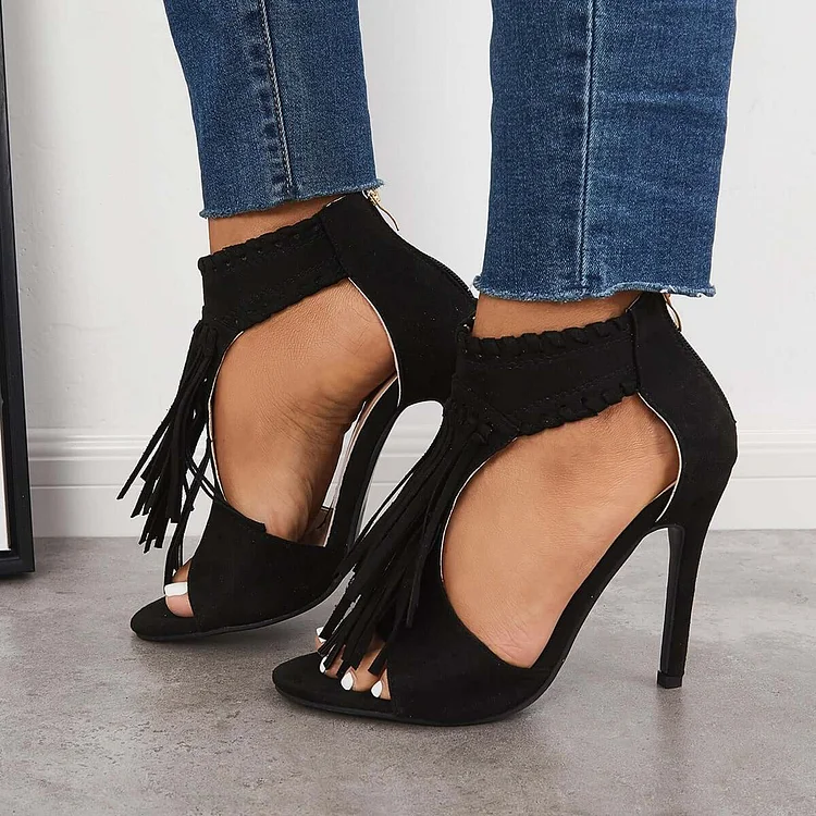 Fashion Open Toe Tassels Cutout Stiletto High Heels Shoes