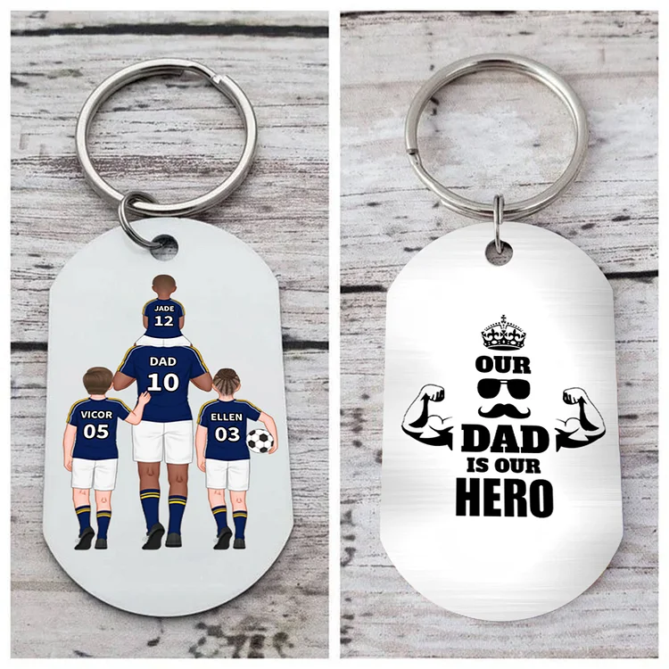 Personalized Text Soccer Family Keychain Custom 2–4 Names Football Keychain Father's Day Gift for Dad/Grandpa