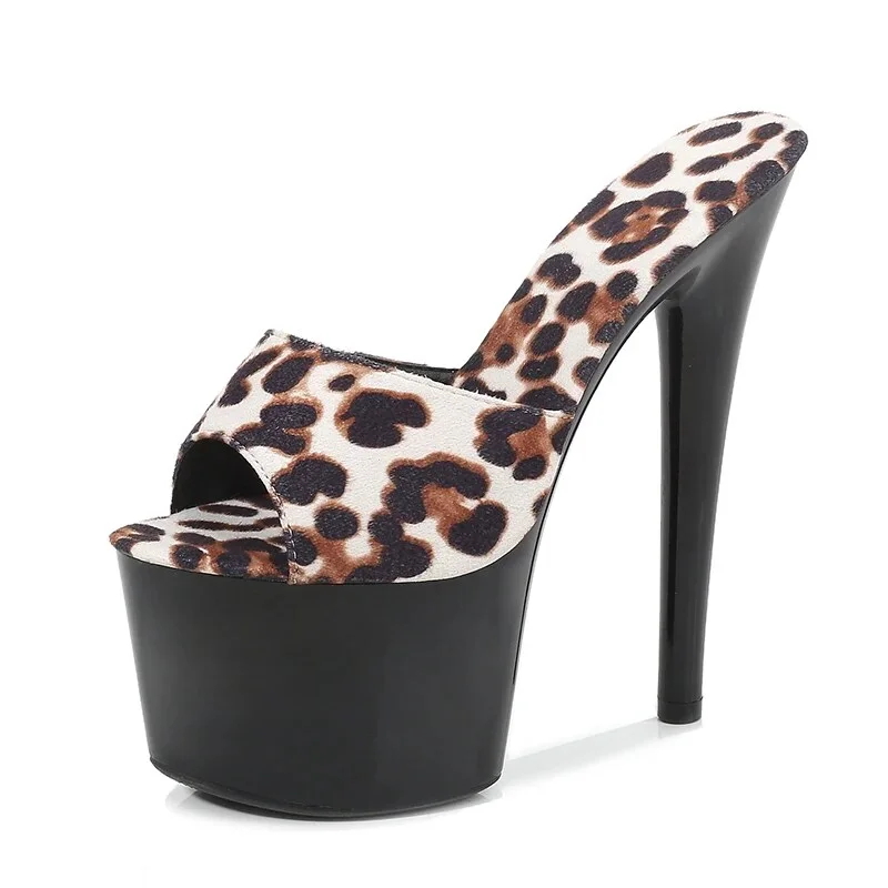 Canrulo New Leopard Print Woman Slippers Sandals Platform 2023 Nightclub Sexy High-heeled 15cm Shoes Slippers Heels Waterproof