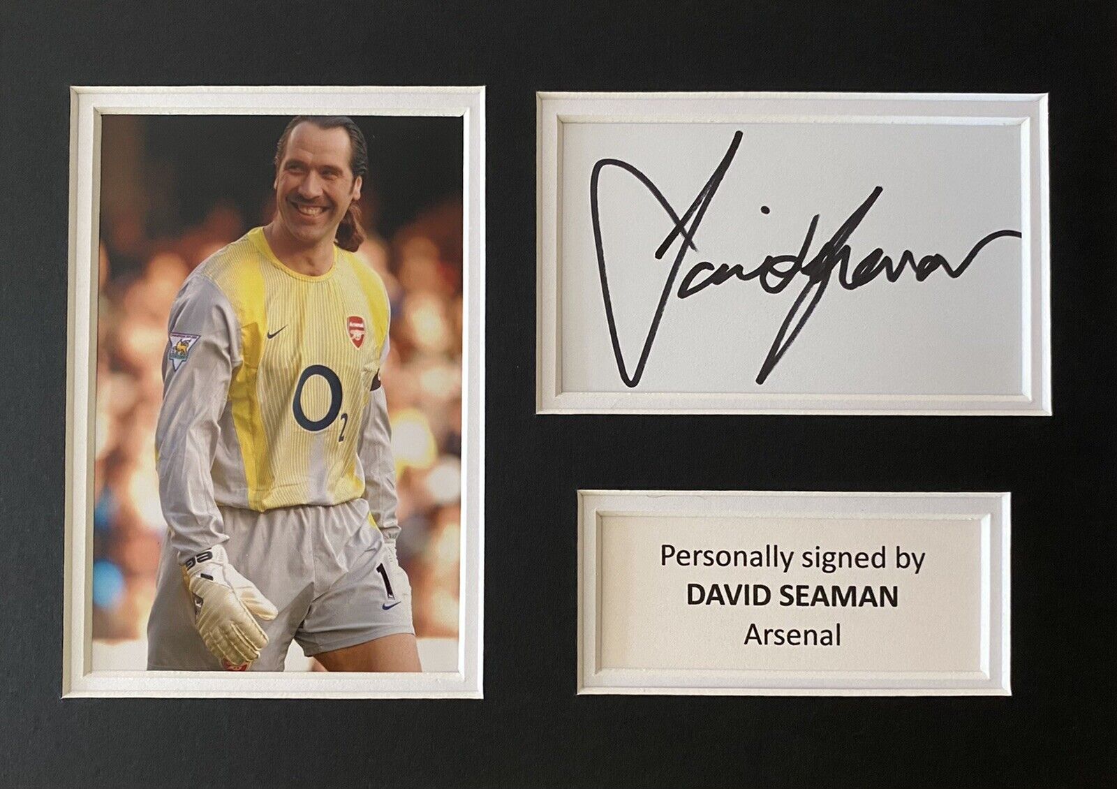 David Seaman Hand Signed White Card In A4 Arsenal Mount Display