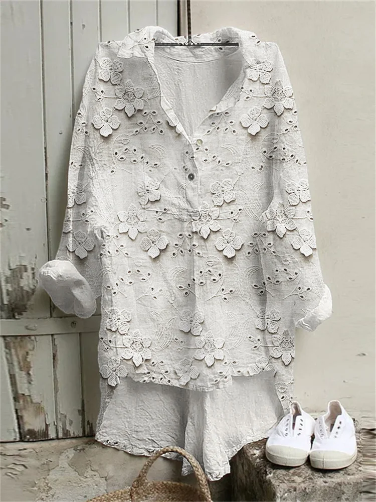Comstylish 3D Floral Embroidered Lace Linen Blend Tunic