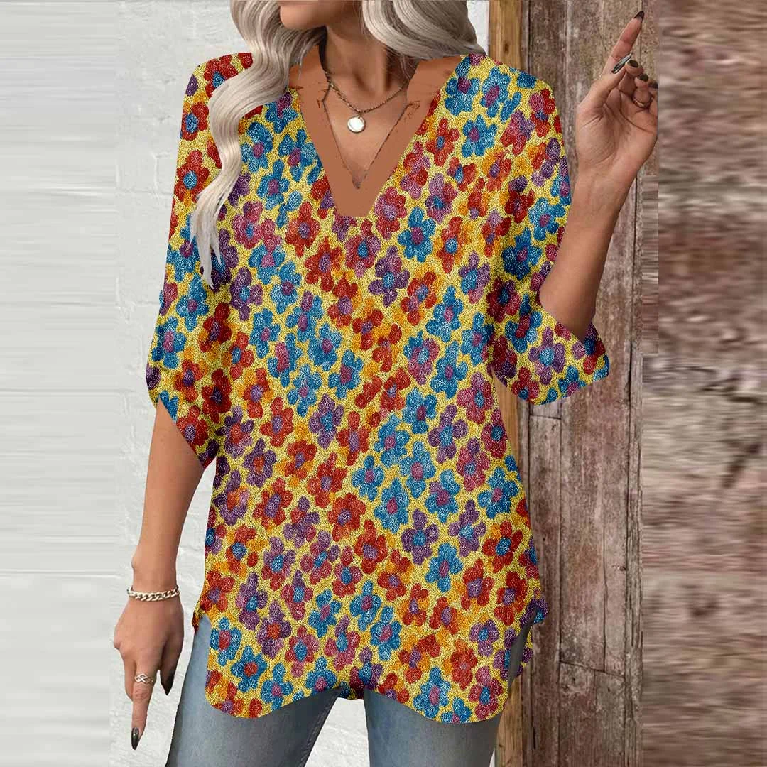 Women Squares, Orange, Blue DZGA0391 3/4 Sleeve V-neck Printed Graphic Button Tops