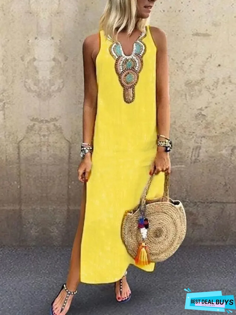 Women's Blazer Dresses Maxi Long Dress - Sleeveless Tribal Split Print Summer V Neck Plus Size Hot Casual Boho Holiday Beach White Yellow Wine Green Gray White Dresses