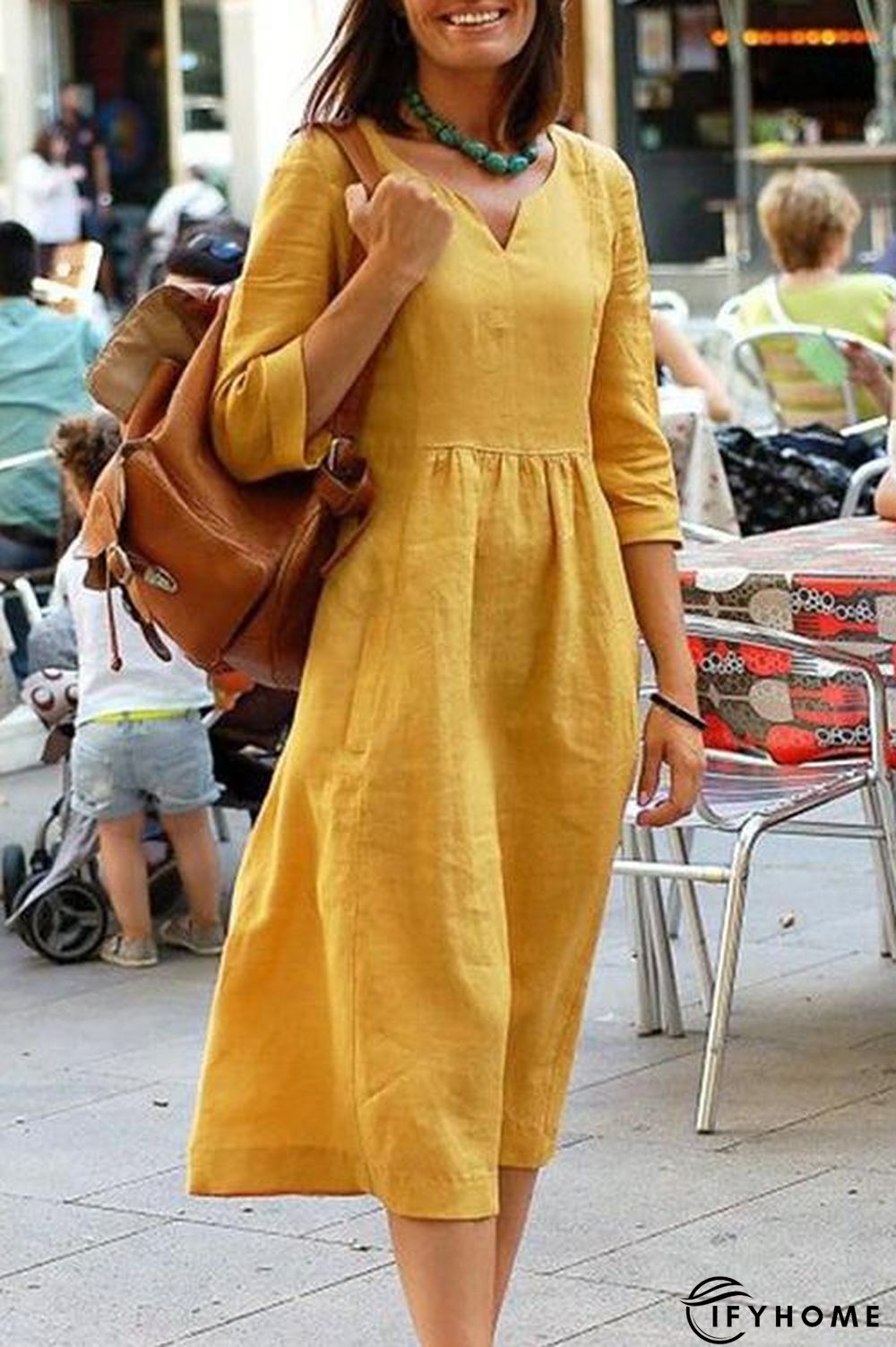 Linen V Neck Seven Sleeves Midi Dress | IFYHOME