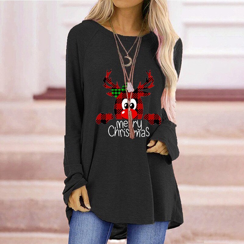 2021 New Style Elk Merry Christmas Alphabet Print Loose Round Neck Long Sleeve Clothes Women Warm T-Shirt Coat