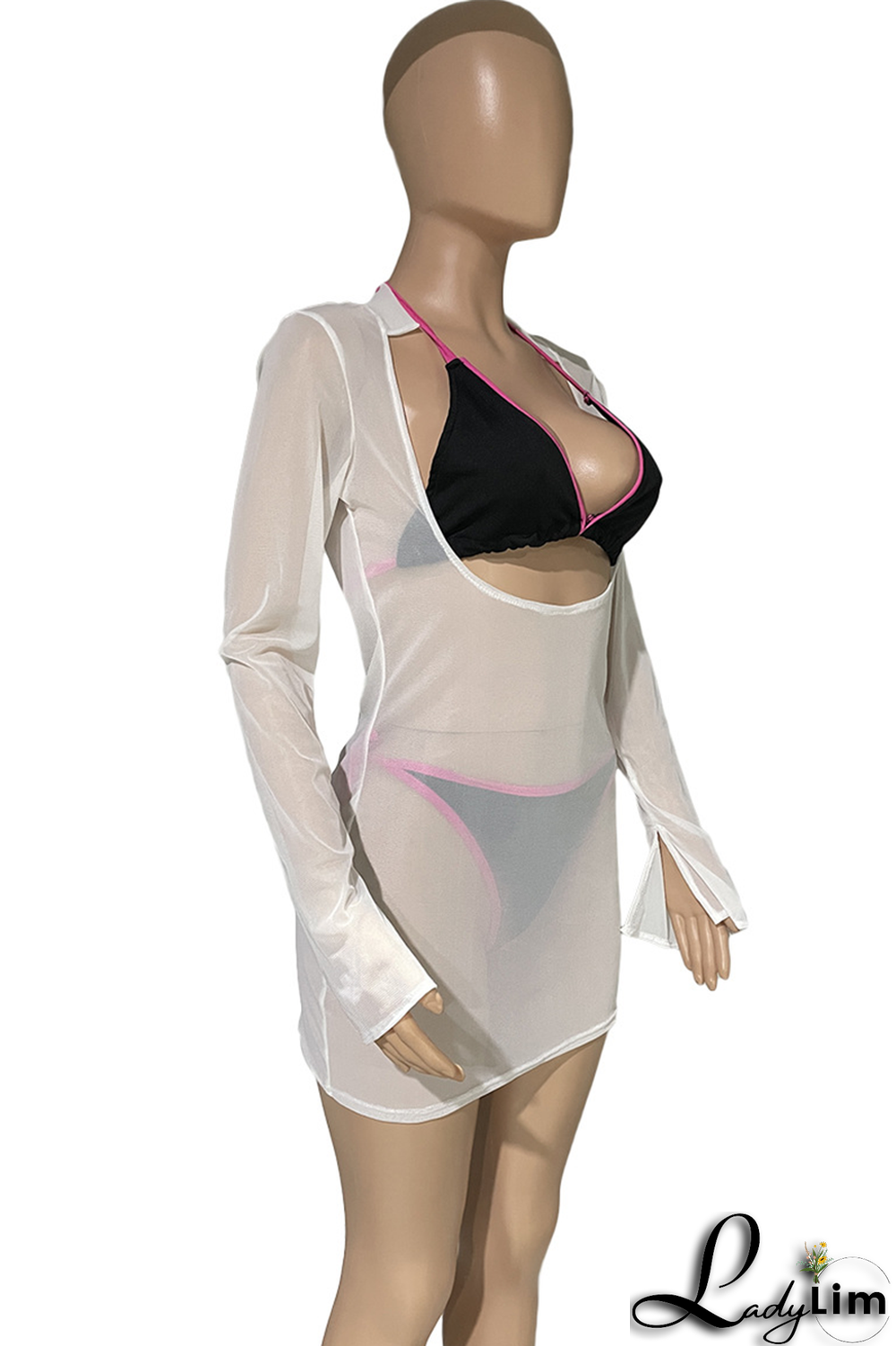 White Sexy Solid Mesh Halter Long Sleeve Three Pieces