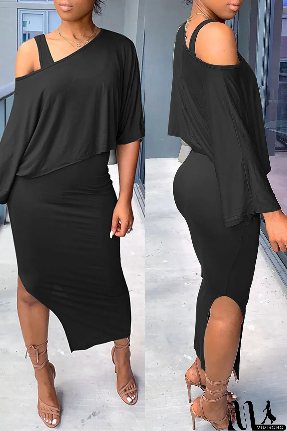MidiSono - Black Fashion Casual Solid Slit O Neck Half Sleeve Two Pieces