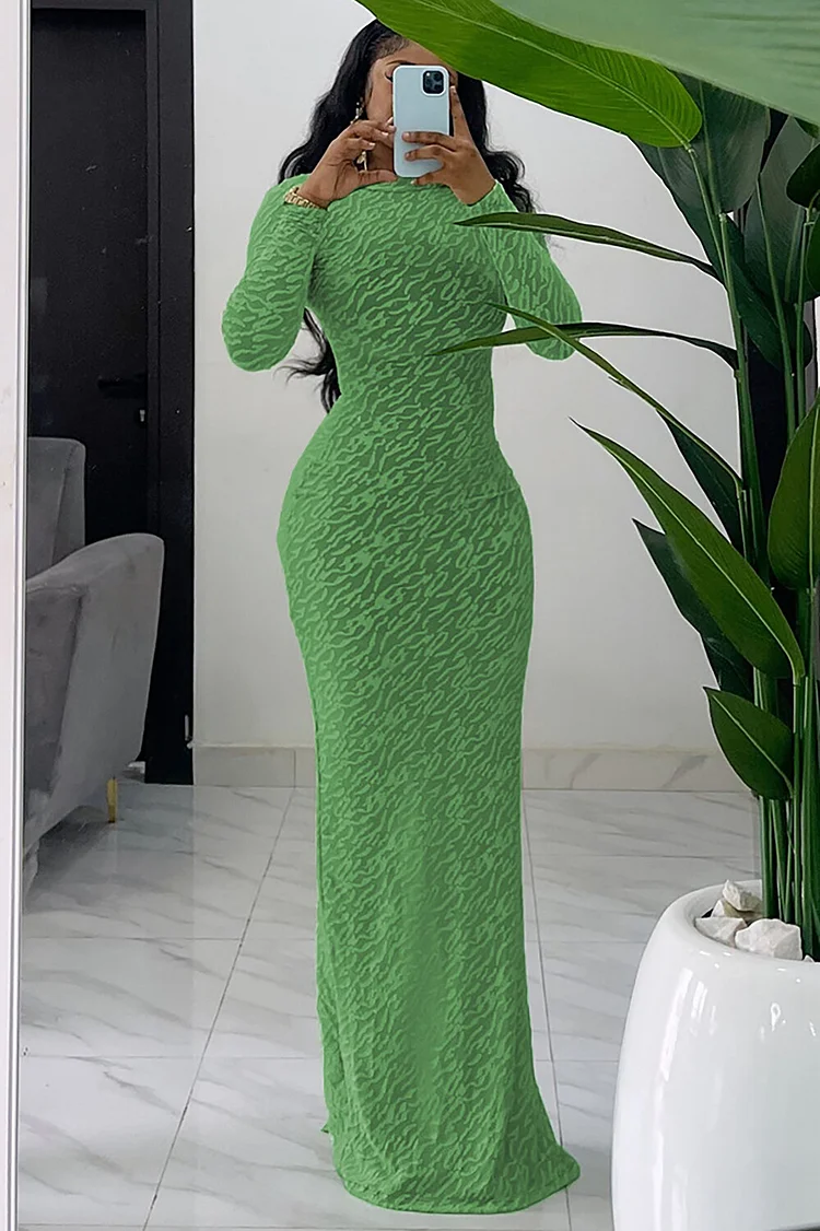 Textured Pattern Solid Color Long Sleeve Bodycon Maxi Dresses-Green