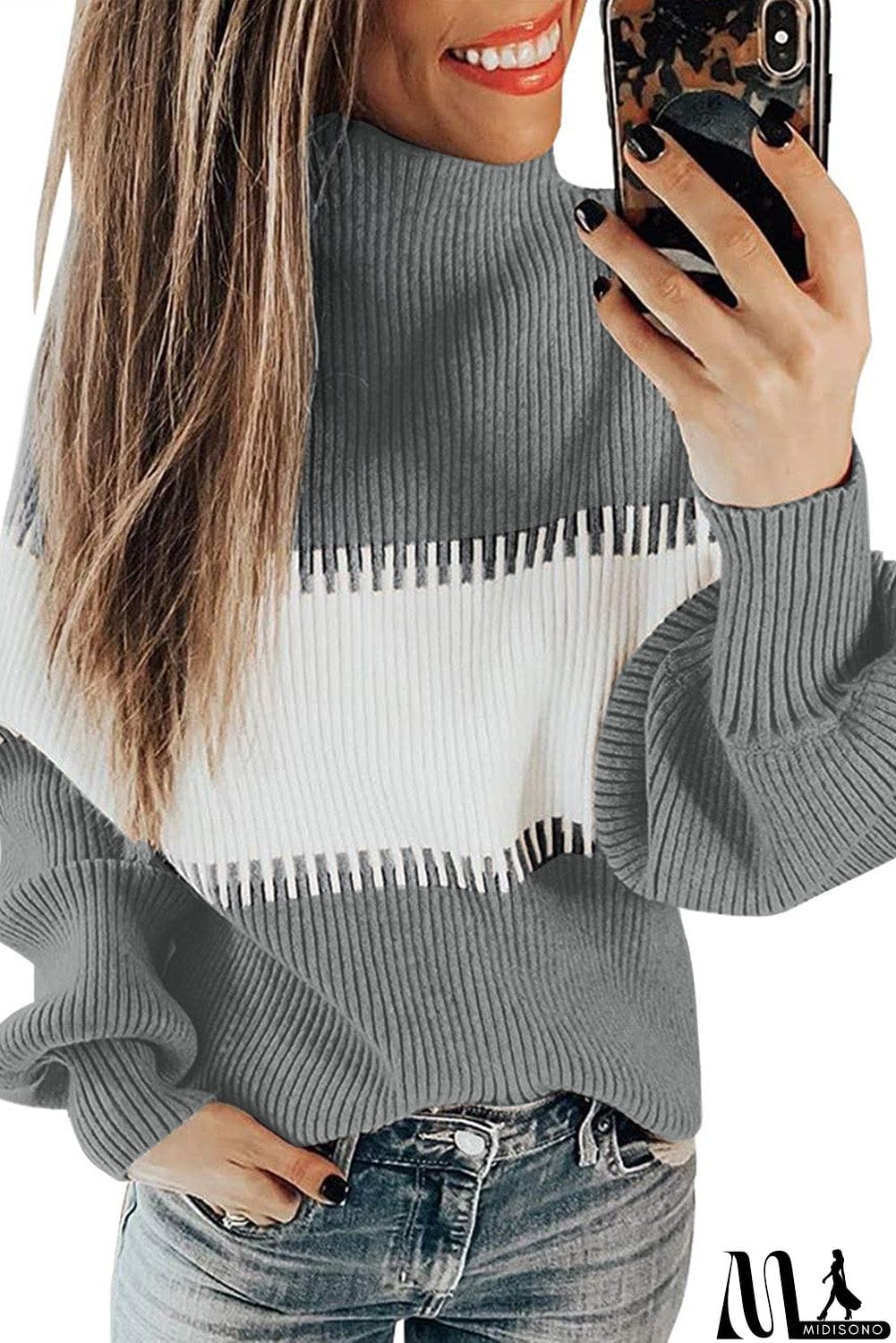 MidiSono - Color Block High Neck Pullover Sweater