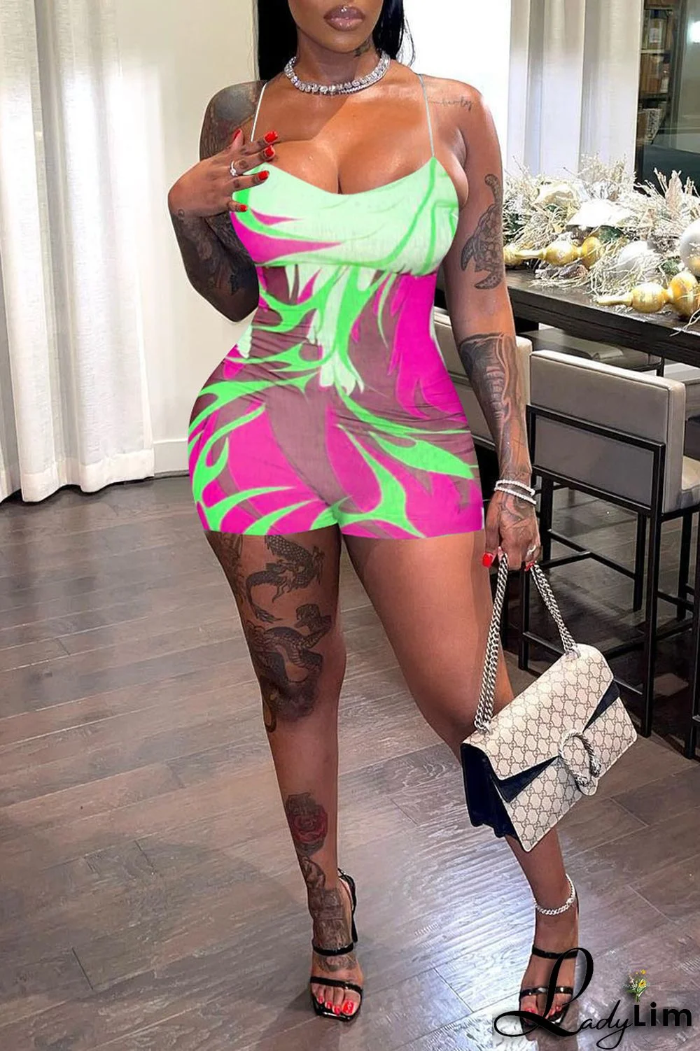 Green Sexy Print Patchwork Spaghetti Strap Regular Jumpsuits