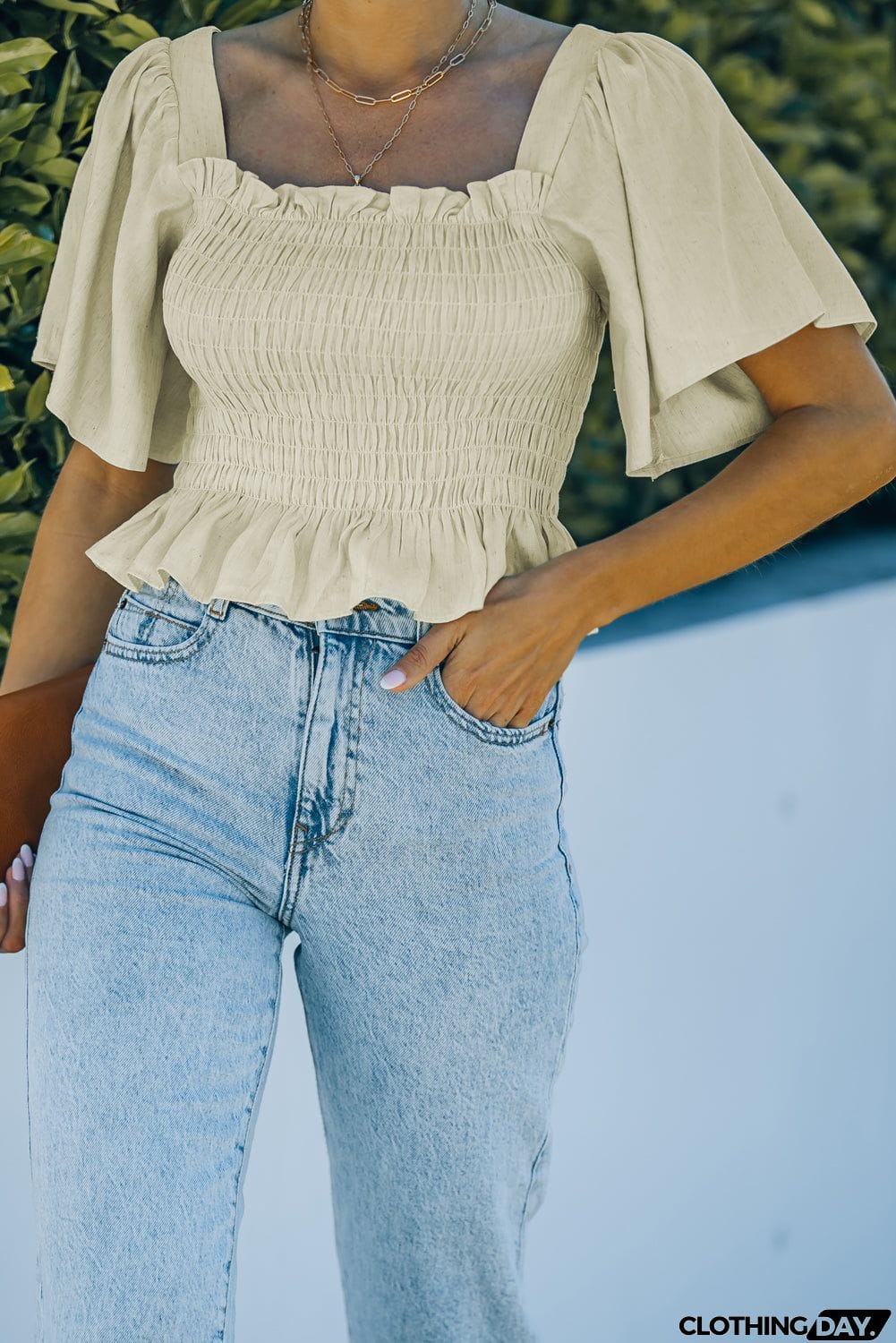 Apricot Butterfly Sleeve Smocked Top with Ruffle