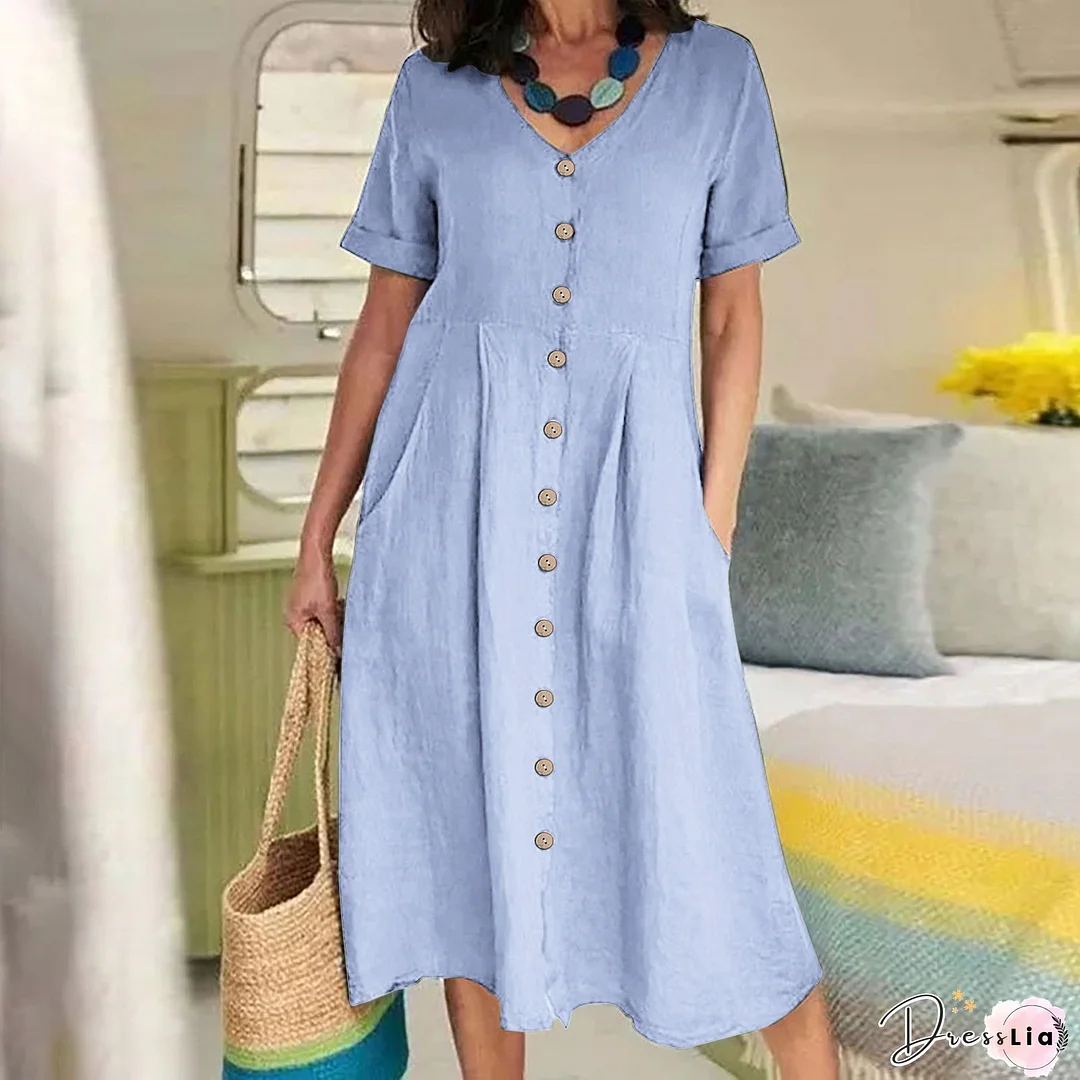 Casual Dress Cotton Linen Dress Midi Dress Cotton Blend Fashion Modern Outdoor Office Daily V Neck Button Short Sleeve Summer Spring Loose Fit khaki Plain S M L XL 2XL for Women