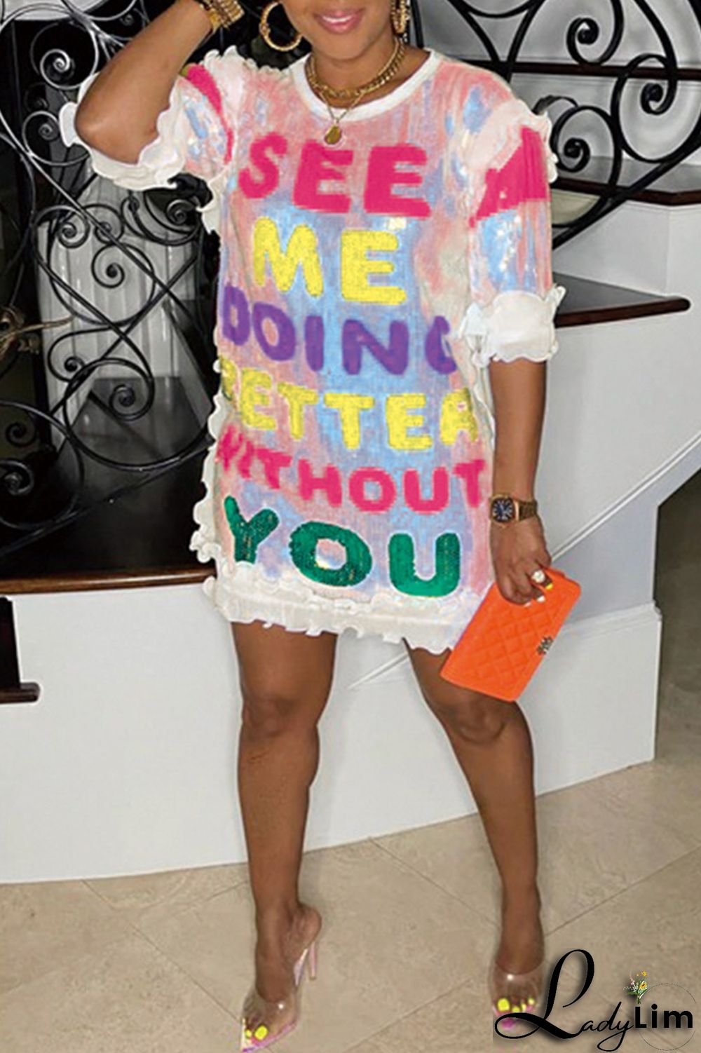 Black Fashion Casual Letter Print Sequins Patchwork O Neck Dresses