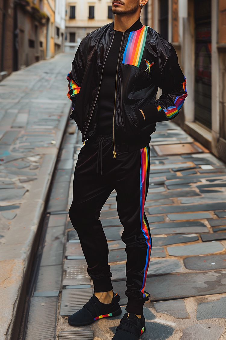 Rainbow Stripe Patchwork Jacket Casual Joggers Pants Two Piece Set [Pre-Order]