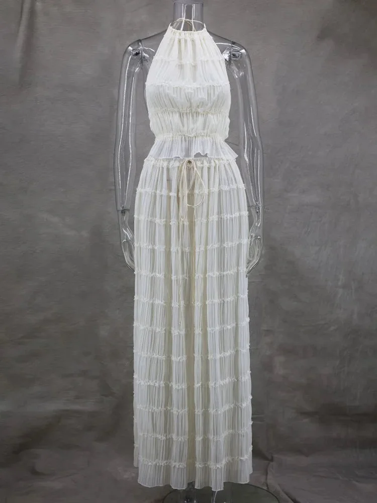 Toloer Halterneck Ruched Open Back Tie Up Top And Maxi Skirt Set-Outfit Ideas