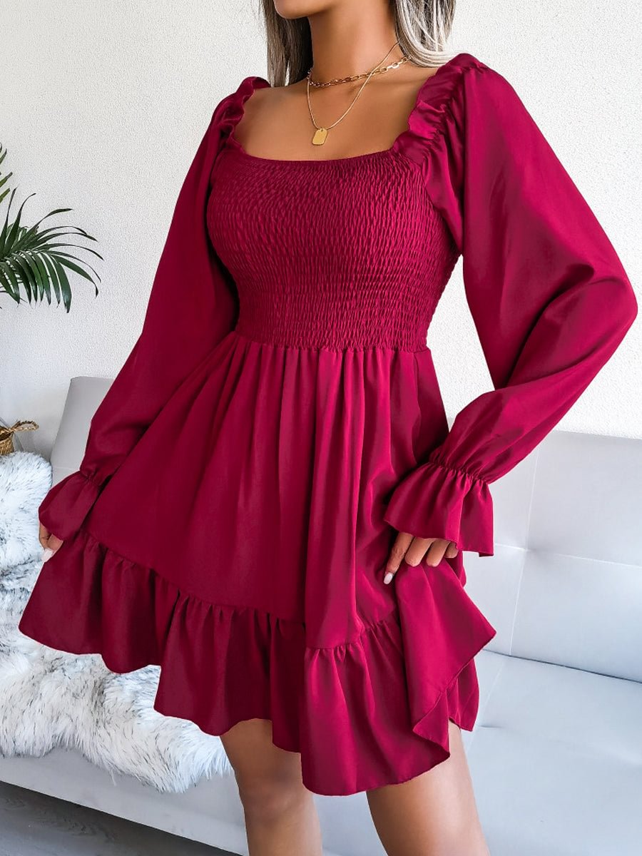 Women's Solid Flared Long Sleeve Ruffled Mini Dresses