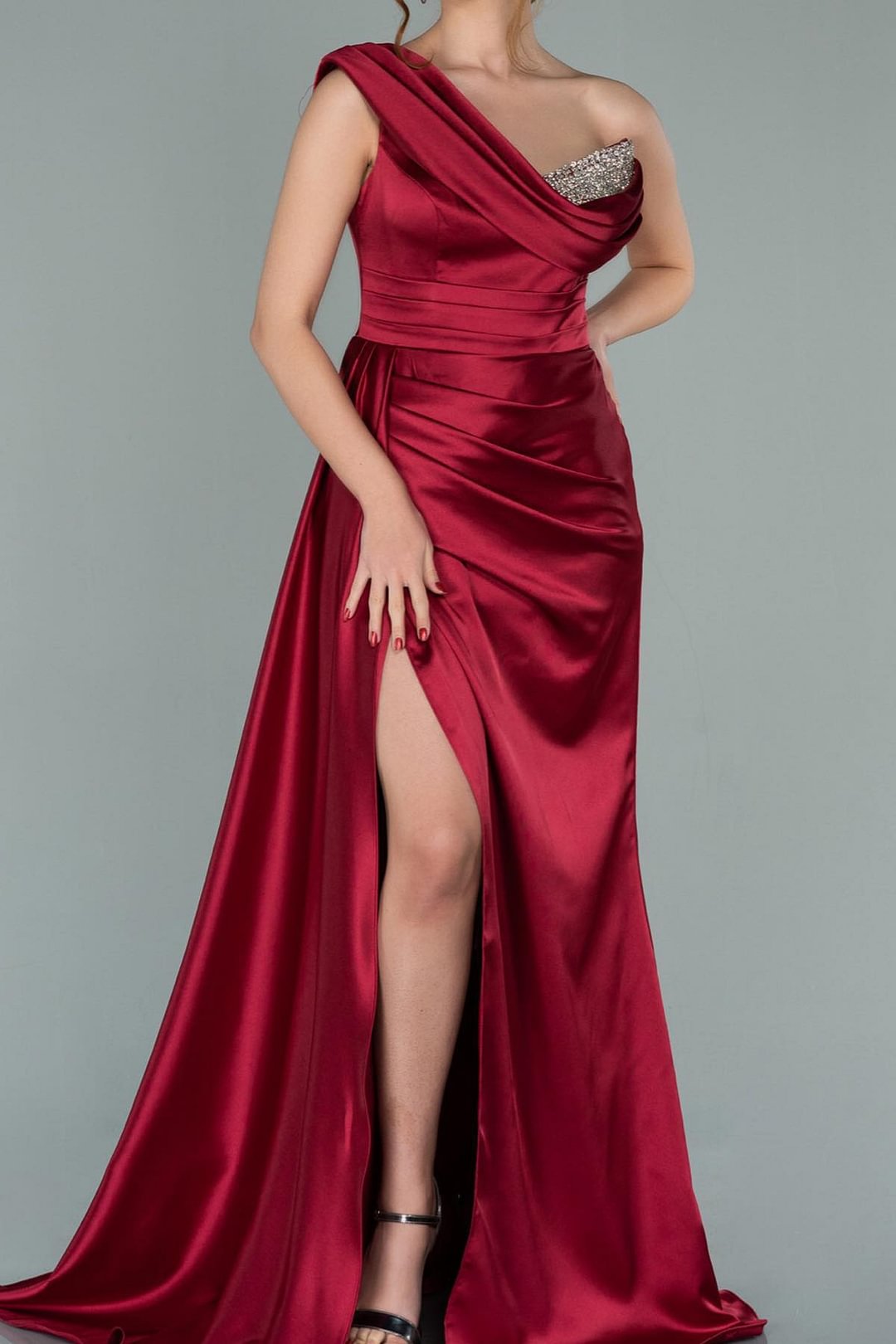 Burgundy Elegant One Shoulder V-Neck Slit Prom Dress With Sequins Mermaid ED0298