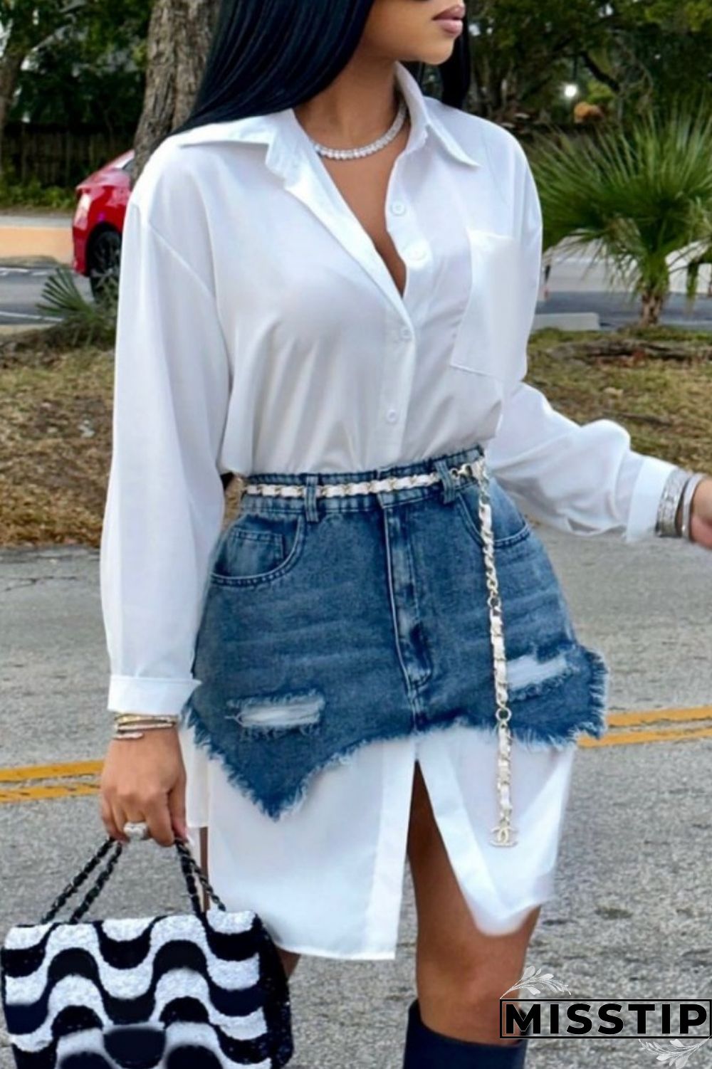 Black Casual Solid Ripped Turndown Collar Long Sleeve Two Pieces