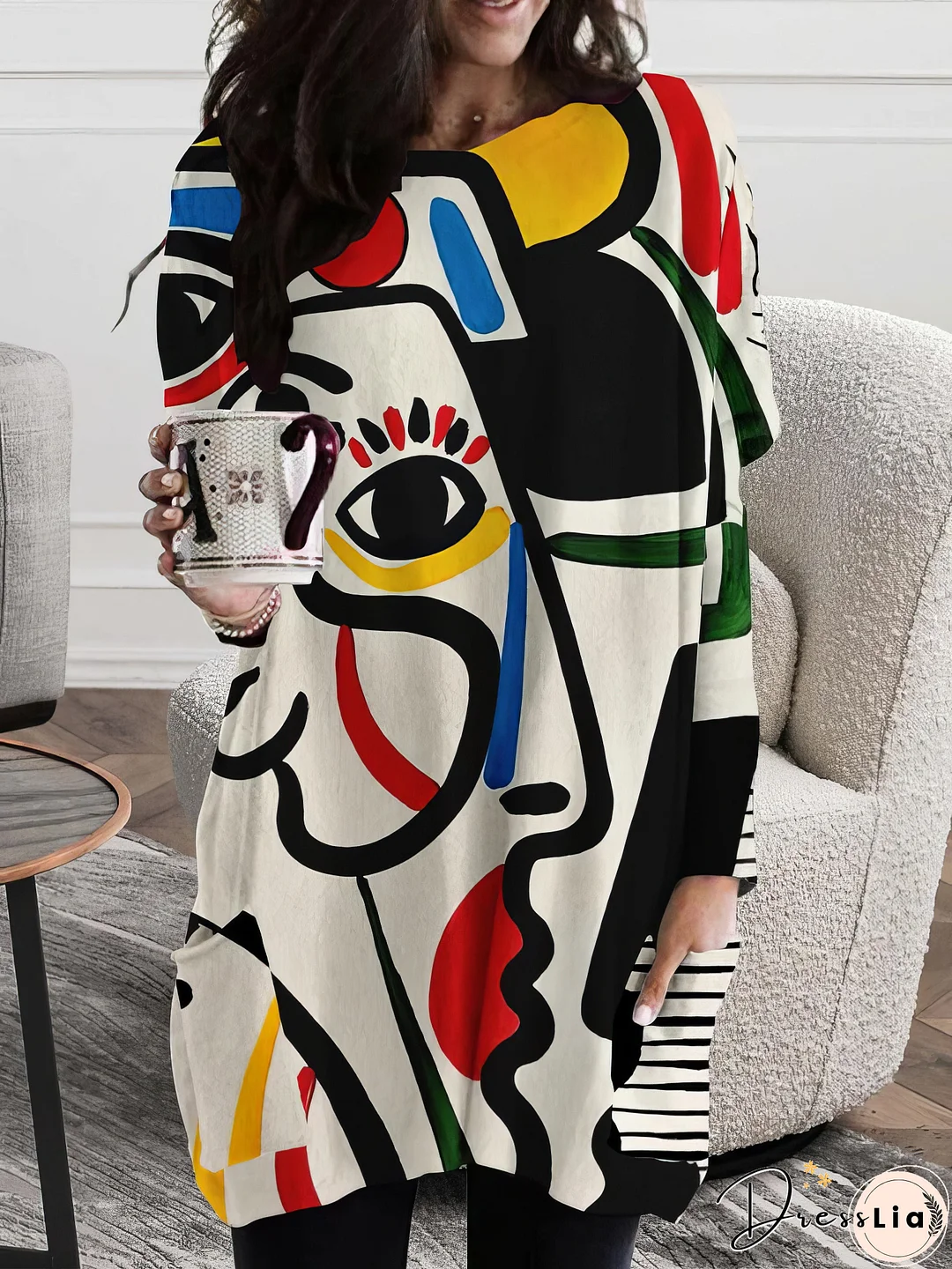 Abstract Face Print Round Neck Pocket Long Sleeve Dress
