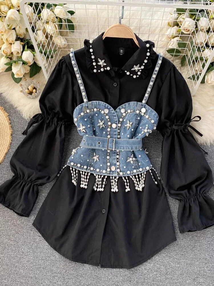 Sdrawing Spring 2023 Blouse Women Diamond Beaded Puff Sleeve Blusa Top Tassel Pearl Sling Waistcoat Two-piece Stacking Shirt Y6568F