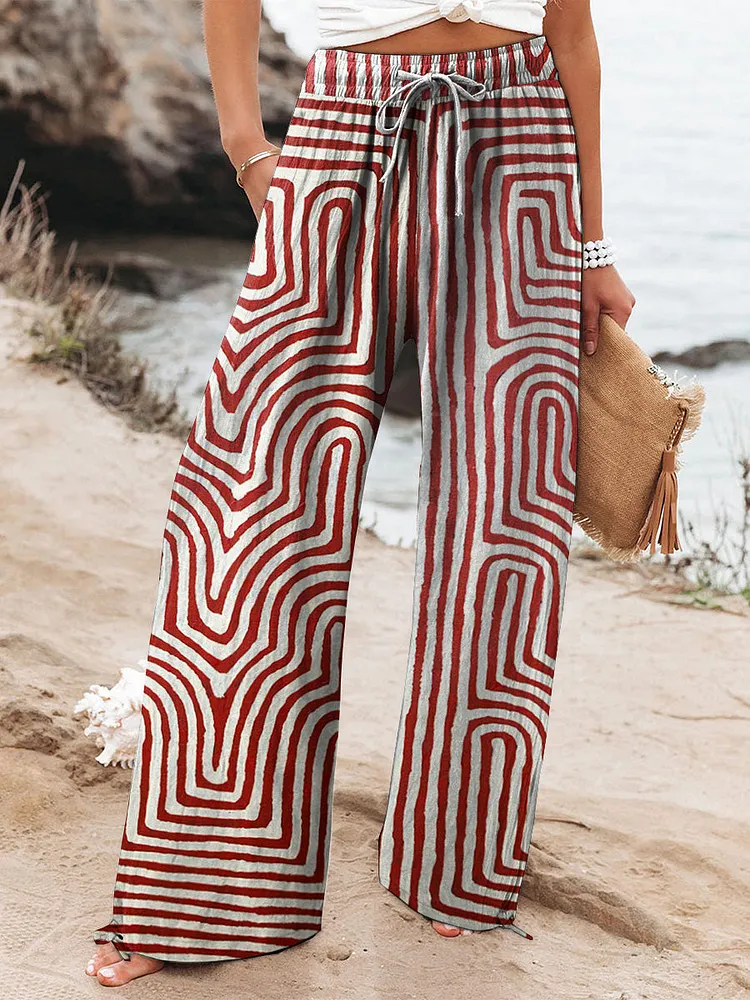 Tribal Style Geometric Pattern Printed Women's Cotton And Linen Casual Pants