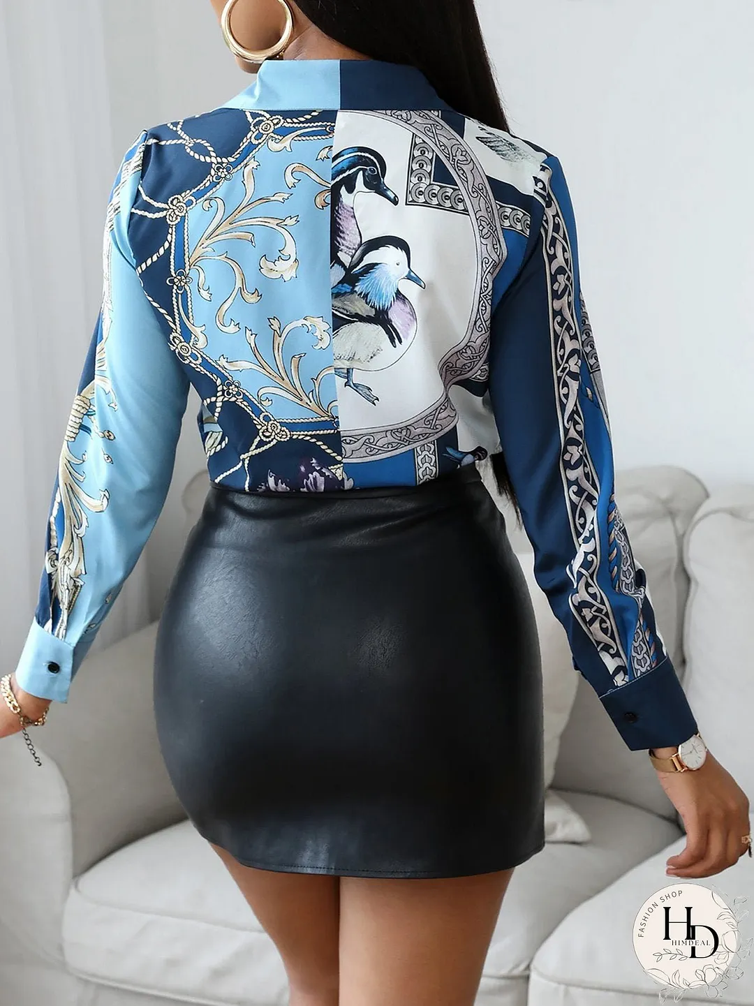 Bird Scarf Print Long Sleeve Shirt
