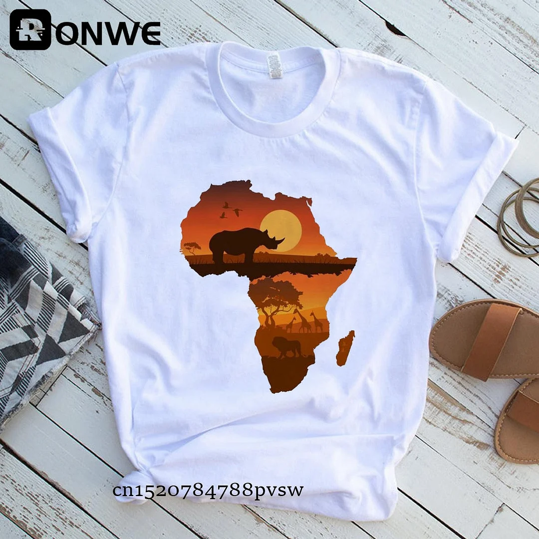 Africa Map Graphic Women T-shirts 2021 Summer Harajuku Female Tops Tee Girl White Printed Clothes Streetwear,Drop Ship