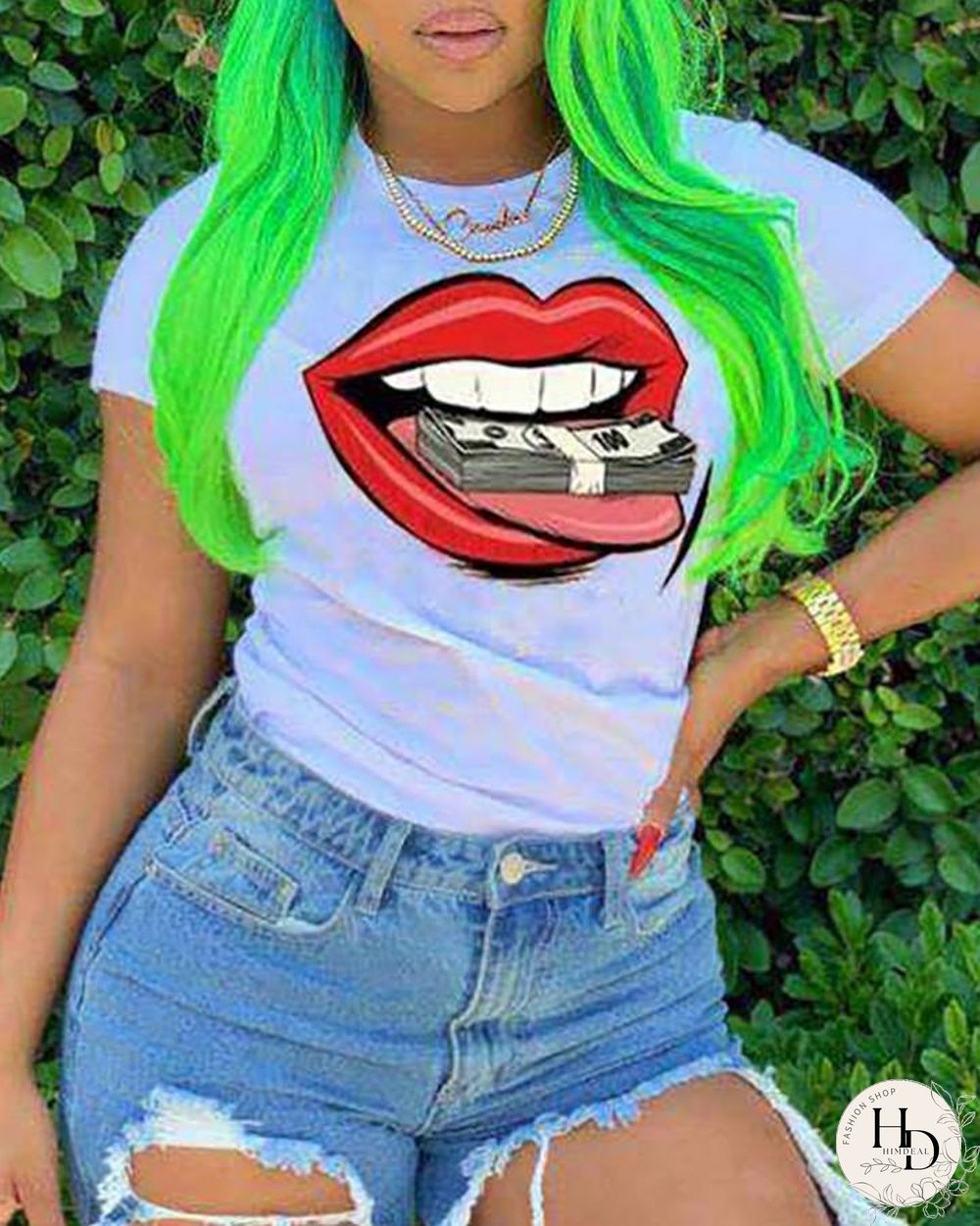 Lip Print Short Sleeve Casual T-shirt P13284