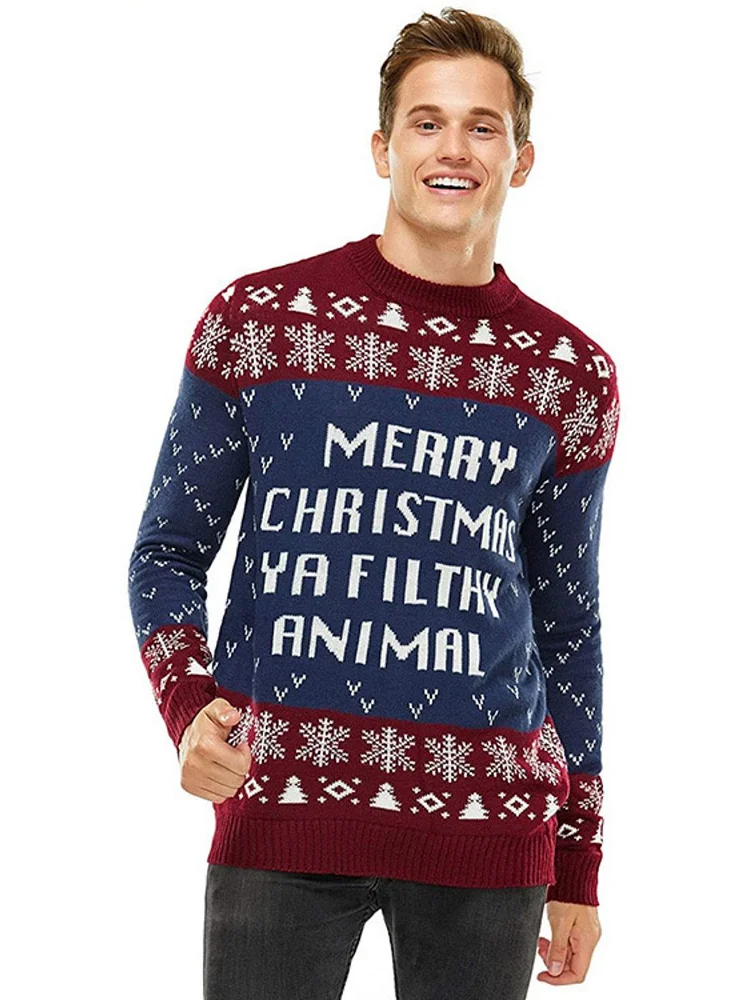 Mayoulove Christmas Sweater Round Neck Reindeer Print Long Sleeve Knitted Sweaters-Mayoulove