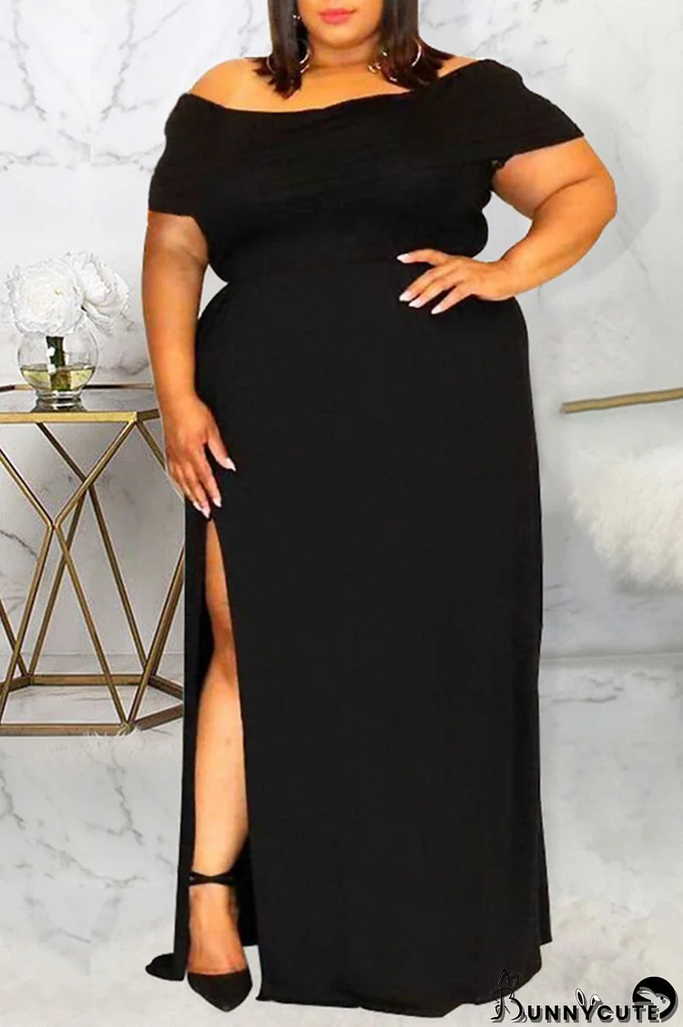 Black Fashion Casual Plus Size Solid Slit Off the Shoulder Long Dress