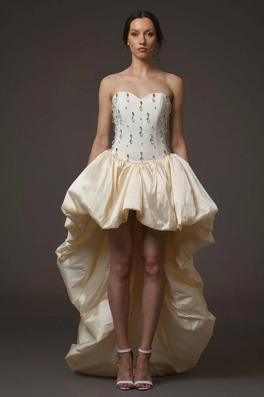 Miabel Elegant Ivory Satin Sleeveless Strapless Pleated Short Prom Dress with Beadings 