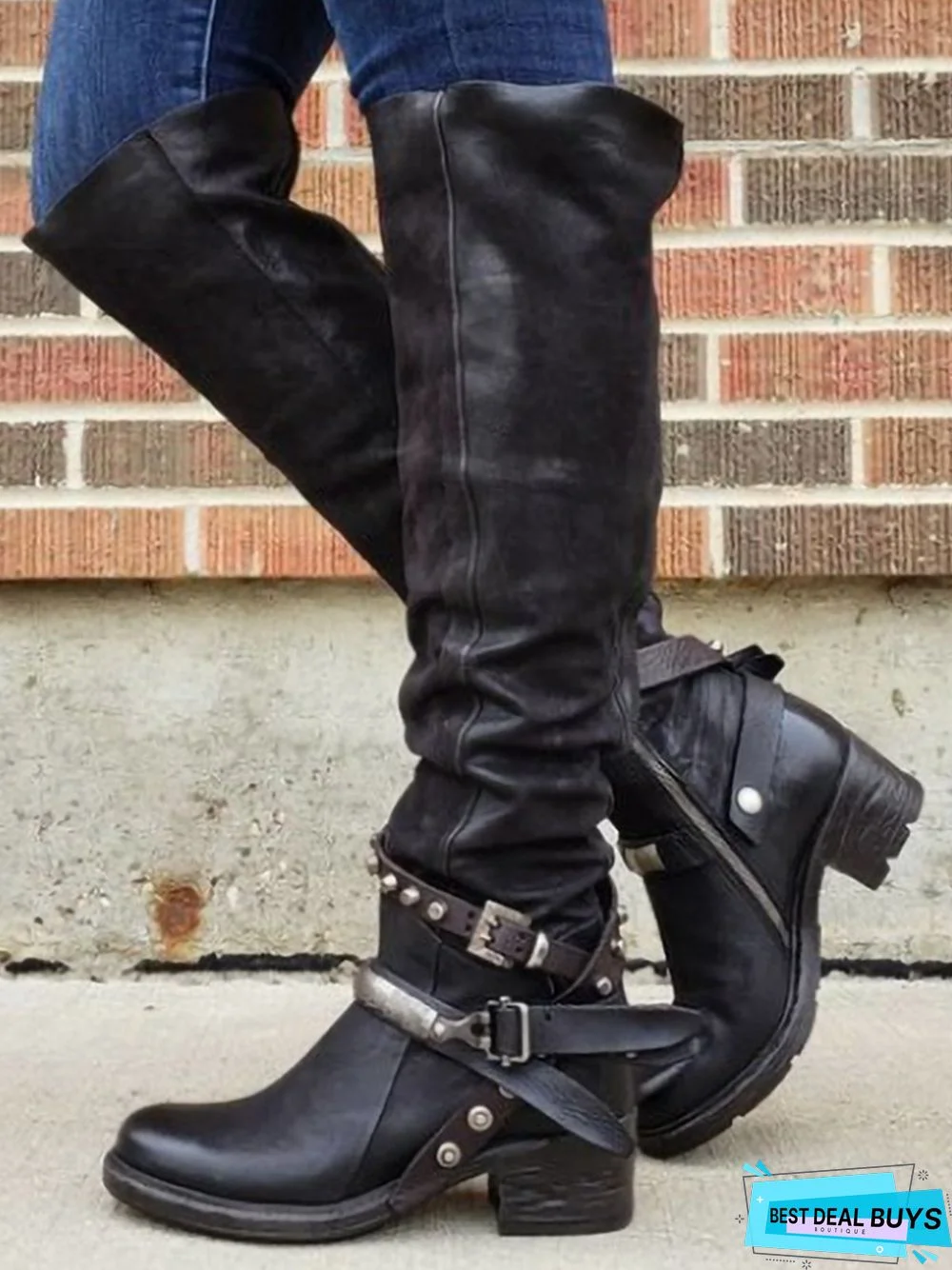 Vintage Rivet Buckle Zipper Chunky Heel Boots