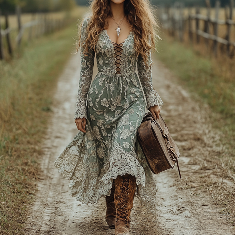 Women's Western Cowboy Splicing Collar Drawstring Elegant Lace Maxi Dress With Cowboy Boots