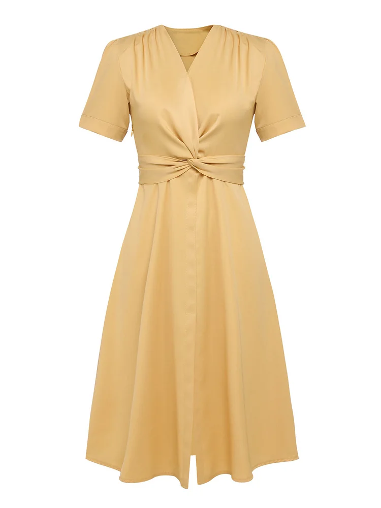 Sandy Yellow 1950s Front Twist Dress