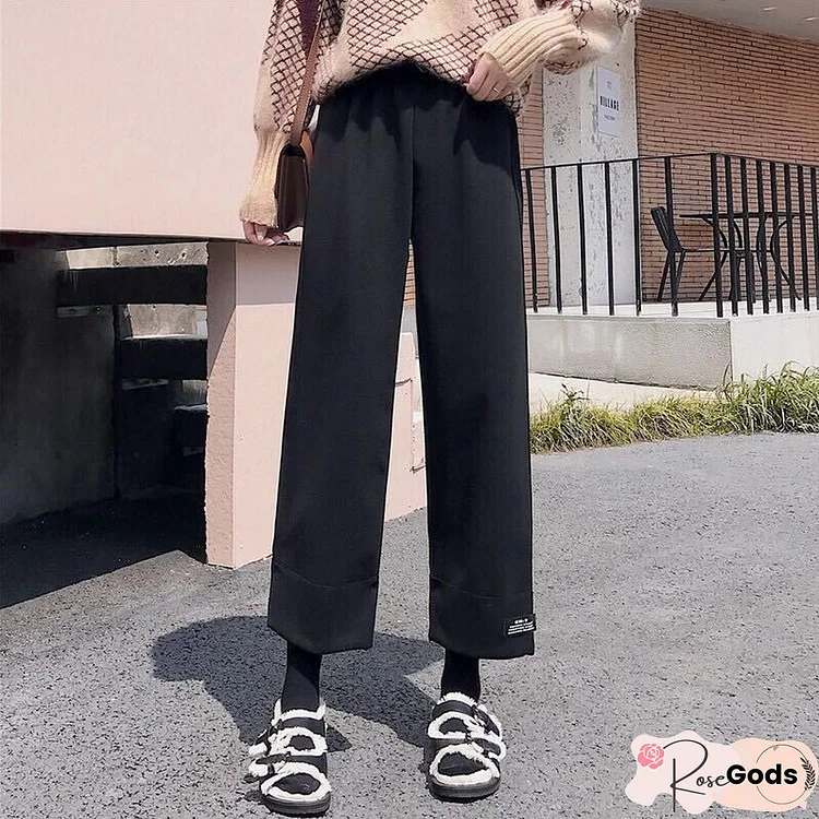 Vintage Harajuku Woolen Wide Leg Pants Autumn Winter Streetwear Women Letter High Waist Black Pants Chic Korean Y2K Pants