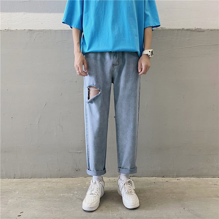 Summer Jeans Men's Loose Cropped Pants Men's Large Size Retro Sports Denim Trousers Men's Jeans