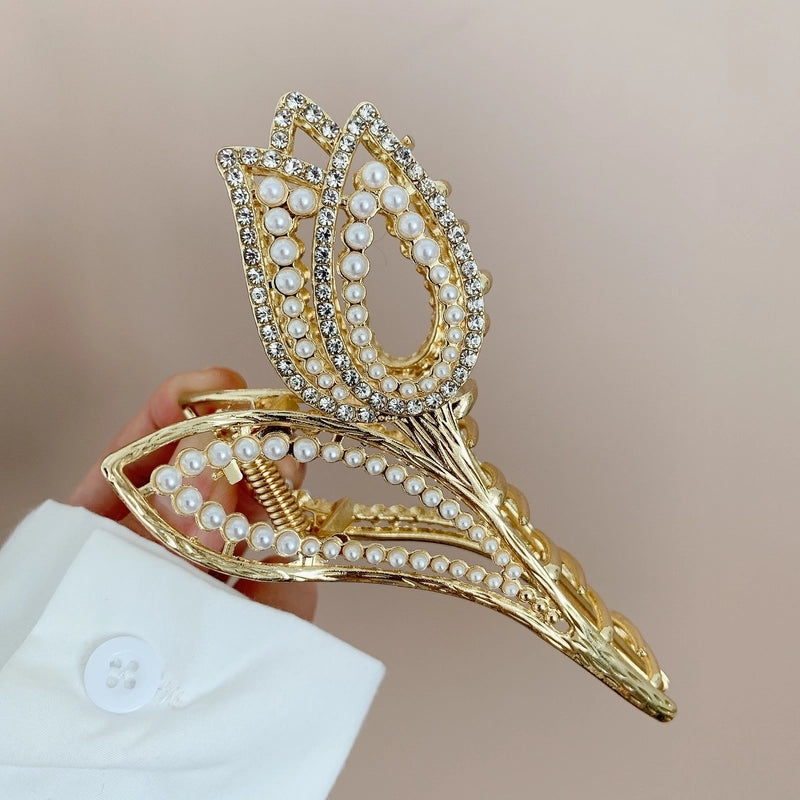 Women’s Luxurious Shiny Flower Tulip Metal Inlay Rhinestones Pearl Hair Claws