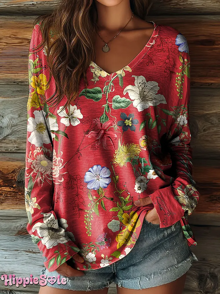 Women's Vintage Floral Art Print Casual V-Neck Long-Sleeve T-Shirt