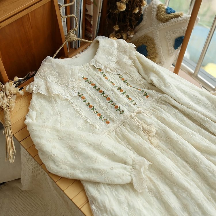 Queenfunky cottagecore style Fleece Lined Embroidered Lace Dress QueenFunky