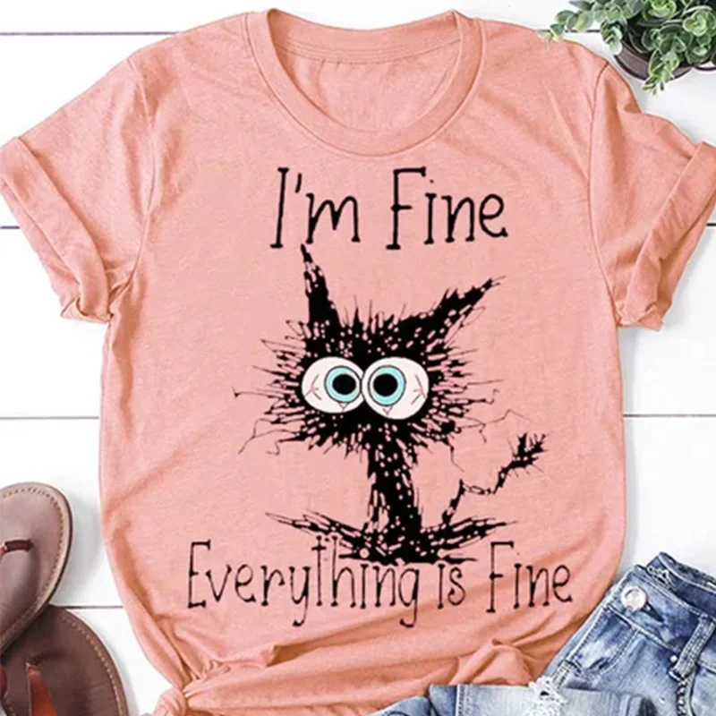 I'm Fine Everthing Is Fine Cat Lover Funny Print T-Shirt