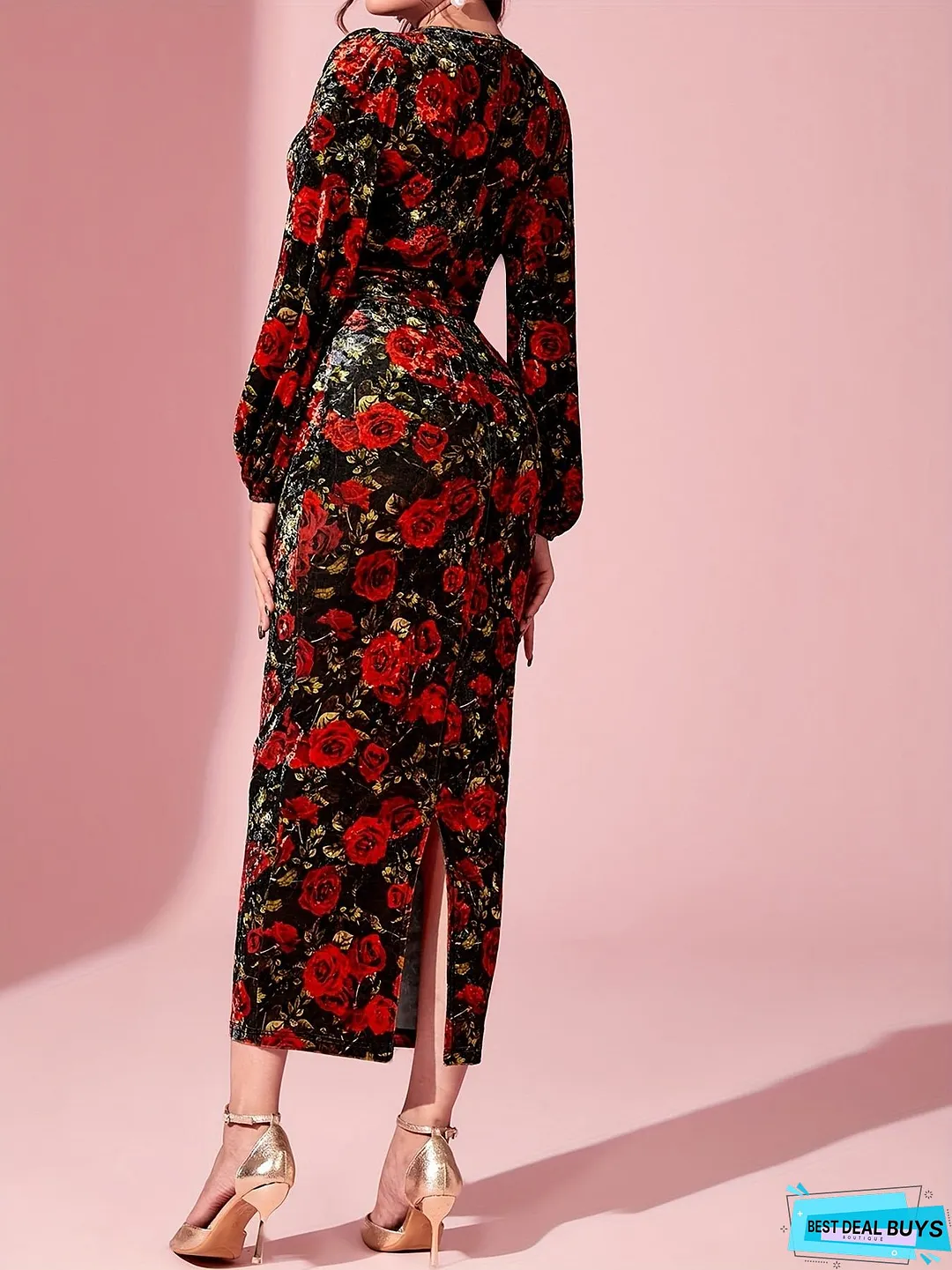 Floral Print Surplice Neck Dress, Elegant Lantern Sleeve Bodycon Dress, Women's Clothing