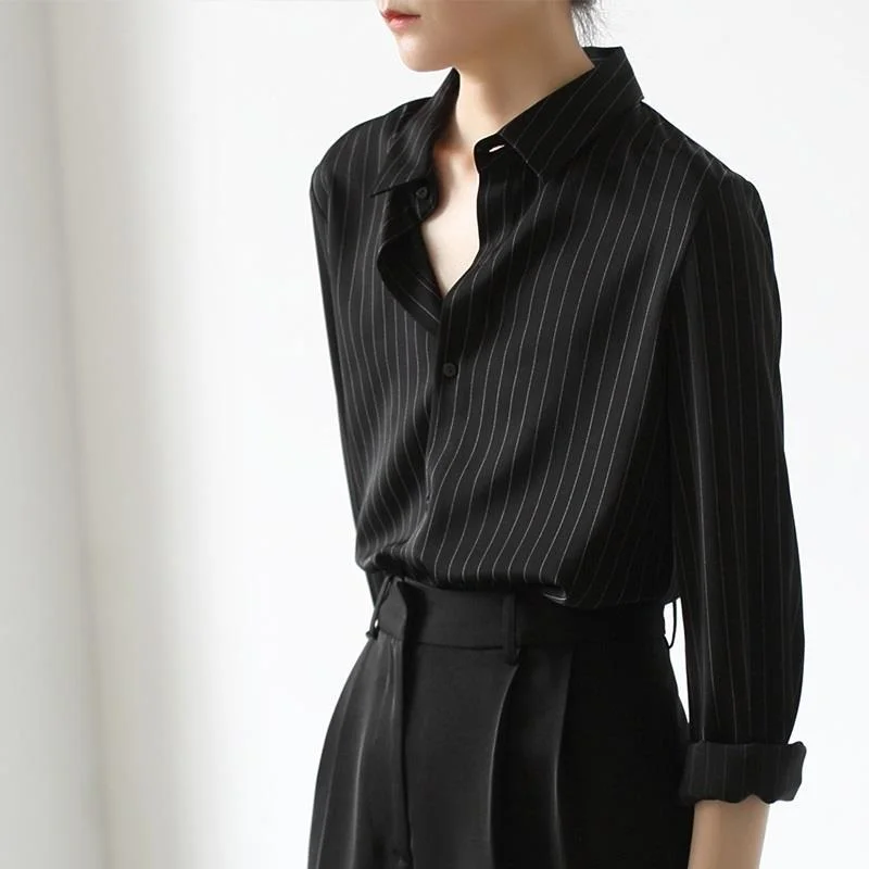 Churchf Black Striped Women Shirts Office Wear Long Sleeve Blouses Korean Fashion Casual Female Shirts Vintage Elegant Chic Top