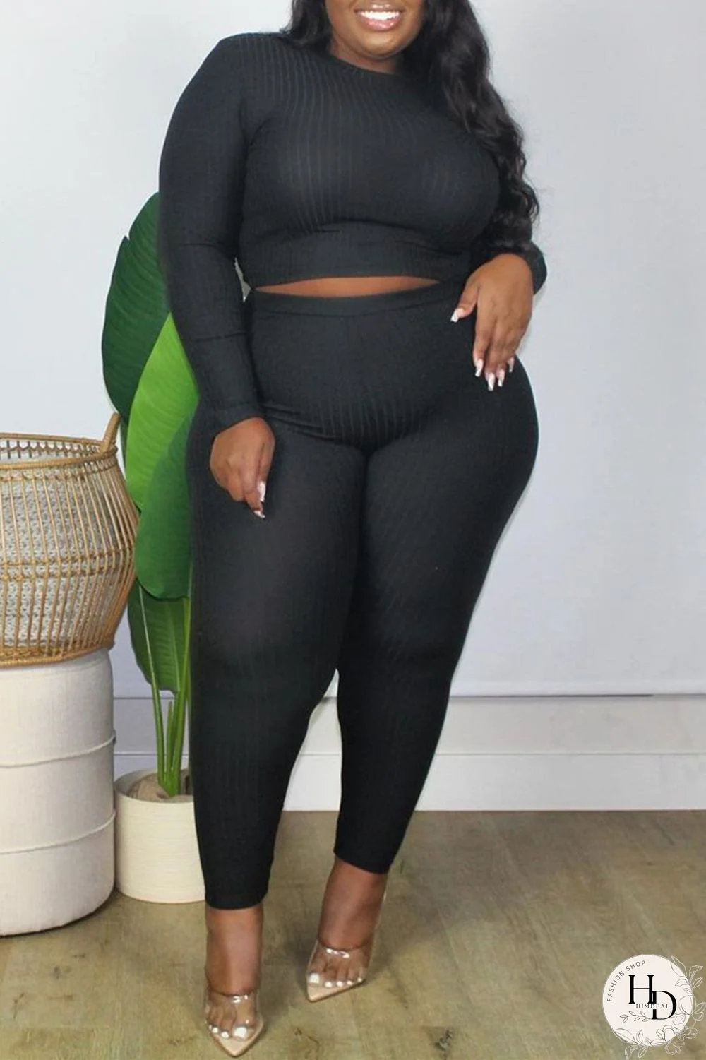 Black Fashion Casual Solid Basic O Neck Plus Size Two Pieces