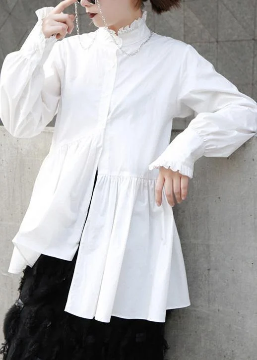 Natural white cotton clothes For Women ruffles stand collar loose summer blouse