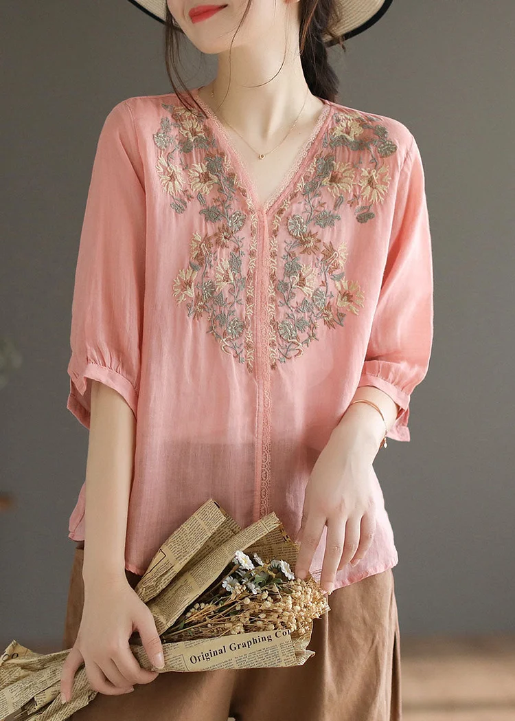 Unique Pink Embroideried Patchwork Linen Tops Half Sleeve