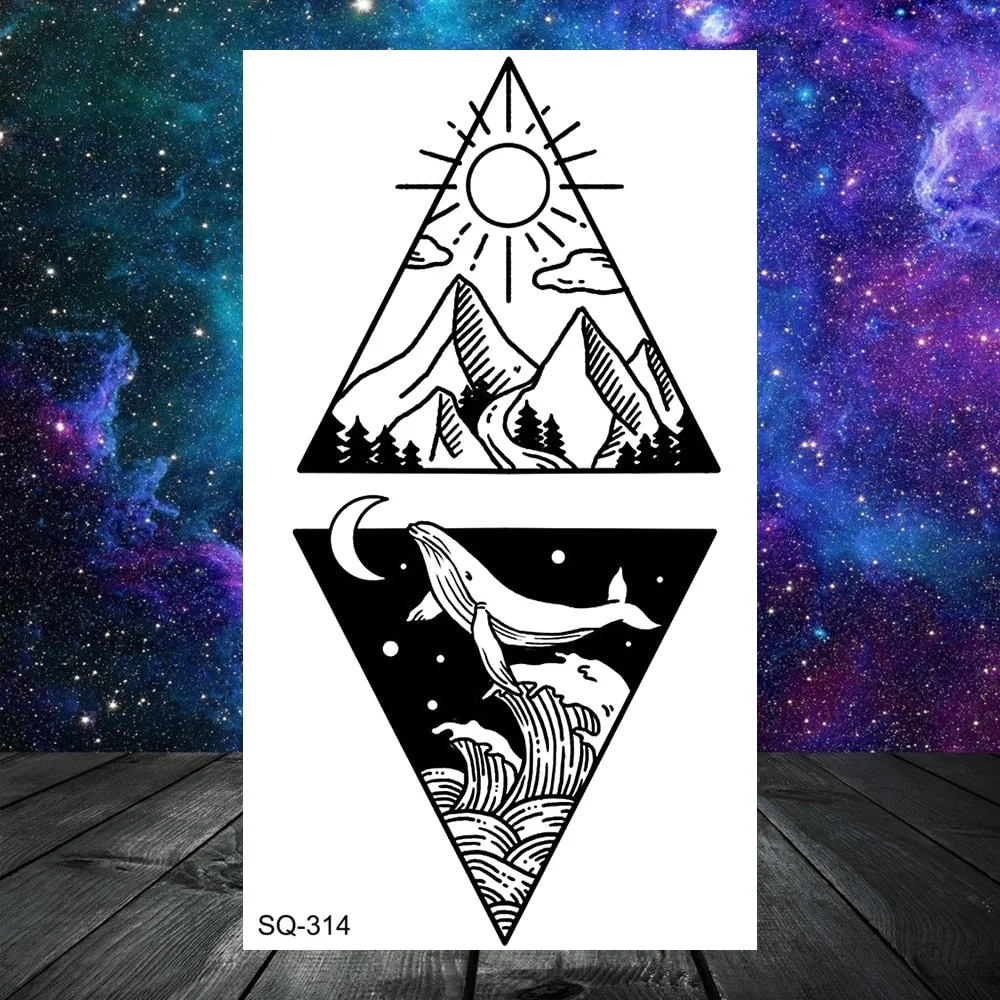 Black Geometric Whale Temporary Tattoos For Women Adult Kids Mountain Sea Forest Dandelion Fake Tattoo Neck Arm Hand Small Tatoo