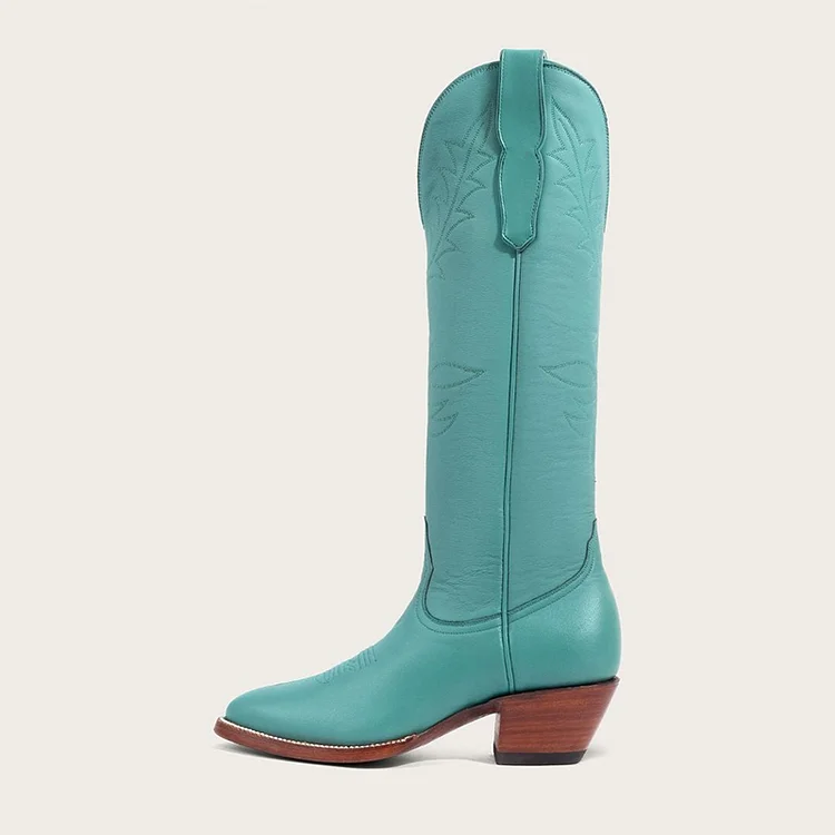 Turquoise Pointed Toe Block Heels Women's Calf High Cowgirl Boots |FSJ Shoes