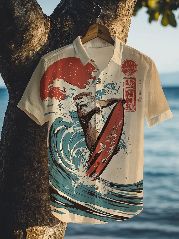 Men's Otter Surfing On The Sea Print Short Sleeve Shirt